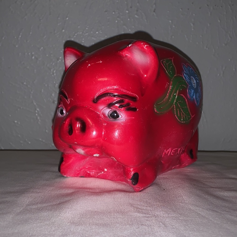 Red Pig Piggy Bank with Blue Flowers made in Mexico
